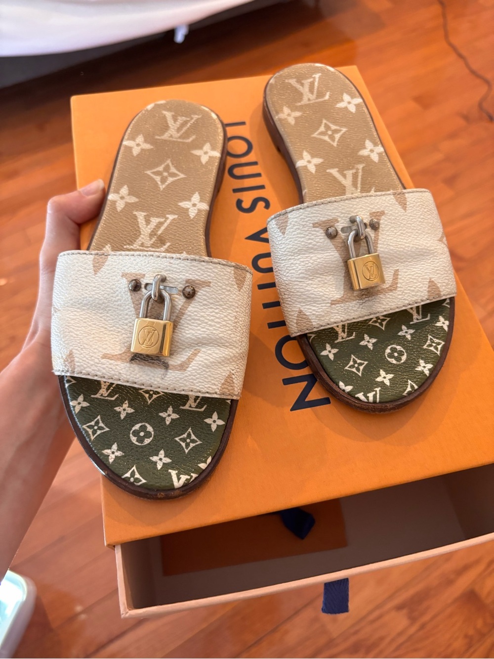 Louis Vuitton White and Olive Monogram Padlock Slide Sandals